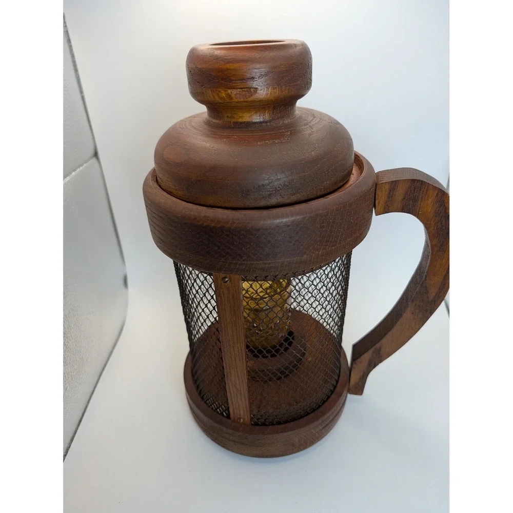 Vintage Rustic Wood Mesh Lantern Amber Glass Votive Candle Holder with Handle